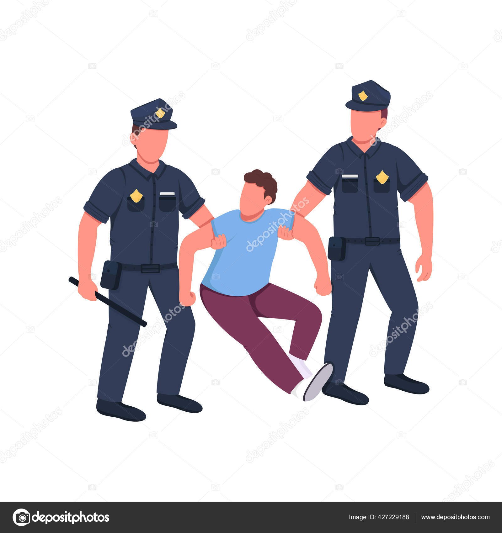 Police arresting criminal flat color vector faceless characters